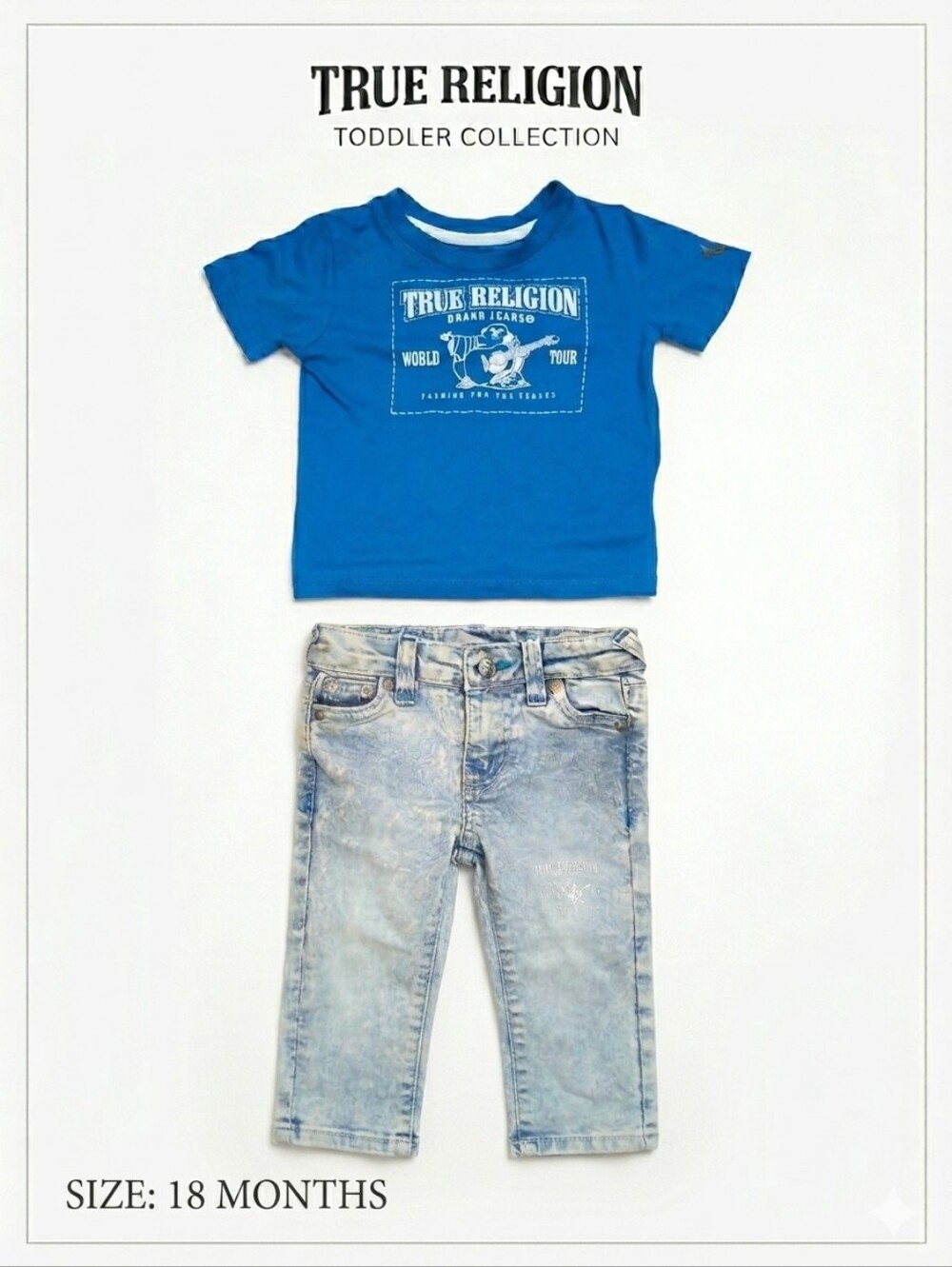 True Religion Toddler Boy 2pc Set Blue World Tour Tee & Distressed Jeans 18M